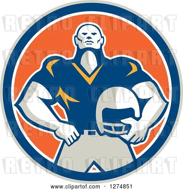 Vector Clip Art of Retro Male American Football Player Holding His Helmet in a Taupe Blue White and Orange Circle