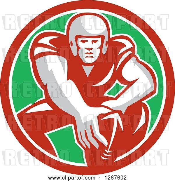 Vector Clip Art of Retro Male American Football Player in Snap Position in a Red White and Green Circle