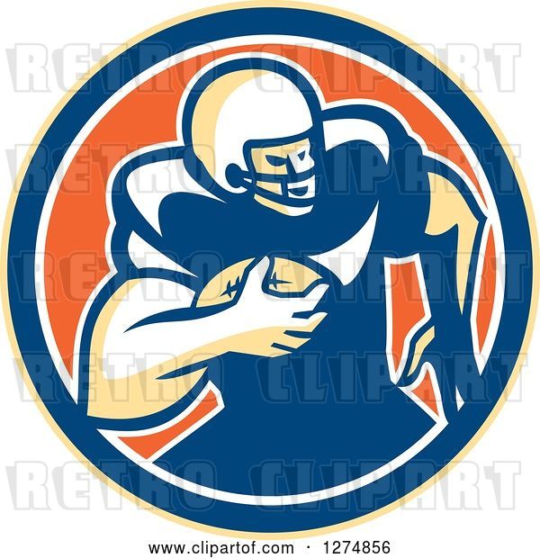 Vector Clip Art of Retro Male American Football Player Rushing in a Yellow Blue White and Orange Circle