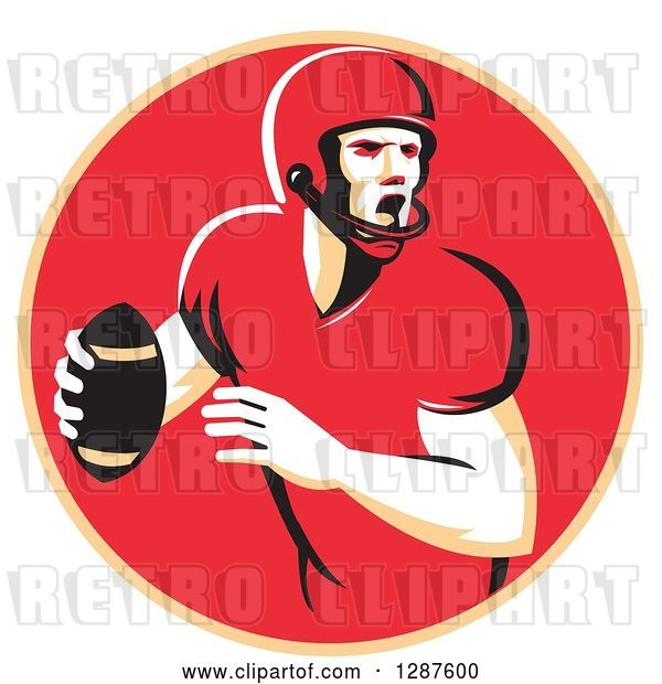 Vector Clip Art of Retro Male American Football Player Shouting and Passing the Ball in a Pastel Orange and Red Circle