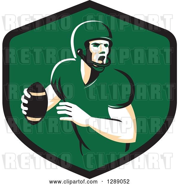 Vector Clip Art of Retro Male American Football Player Throwing in a Black and Green Shield