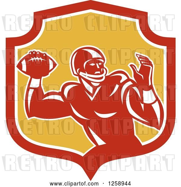 Vector Clip Art of Retro Male American Football Player Throwing in a Red White and Yellow Shield