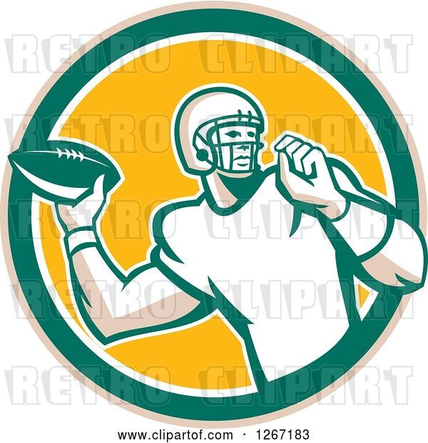Vector Clip Art of Retro Male American Football Player Throwing in a Tan Green White and Yellow Circle