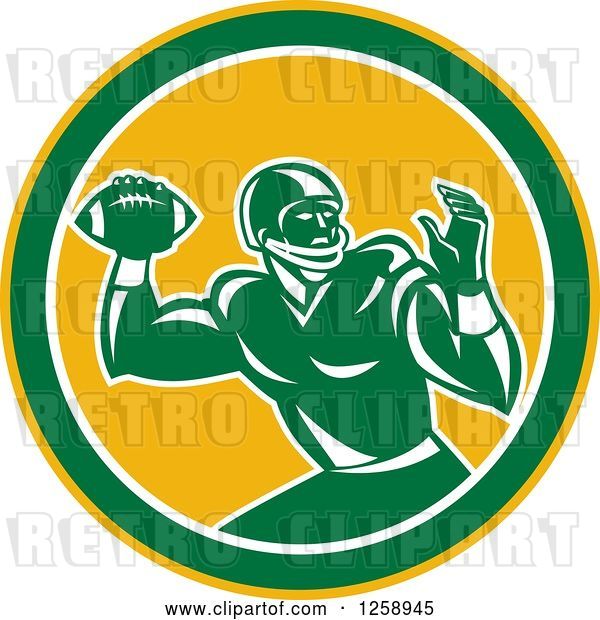 Vector Clip Art of Retro Male American Football Player Throwing in a Yellow White and Green Circle