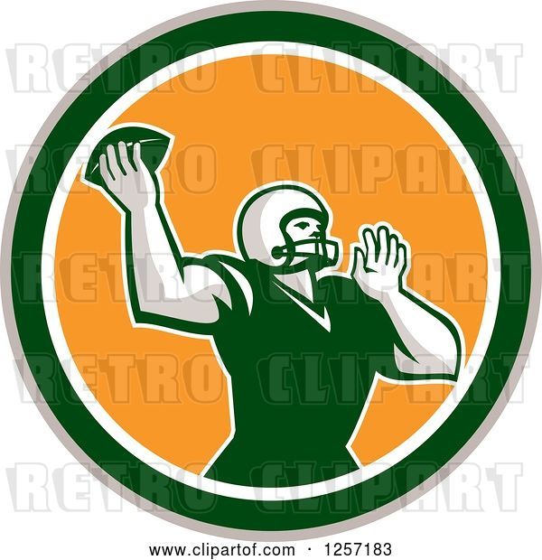 Vector Clip Art of Retro Male American Football Player Throwing in a Yellow White Tan and Green Circle