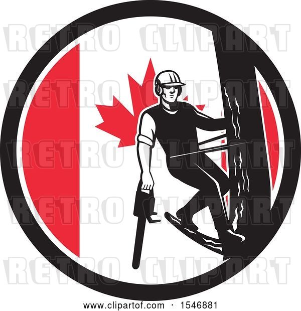 Vector Clip Art of Retro Male Arborist Climbing a Pole with a Chainsaw in a Canadian Flag Circle