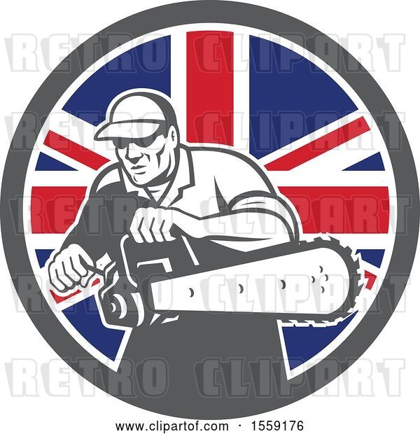 Vector Clip Art of Retro Male Arborist Starting up a Chainsaw in a British Flag Circle
