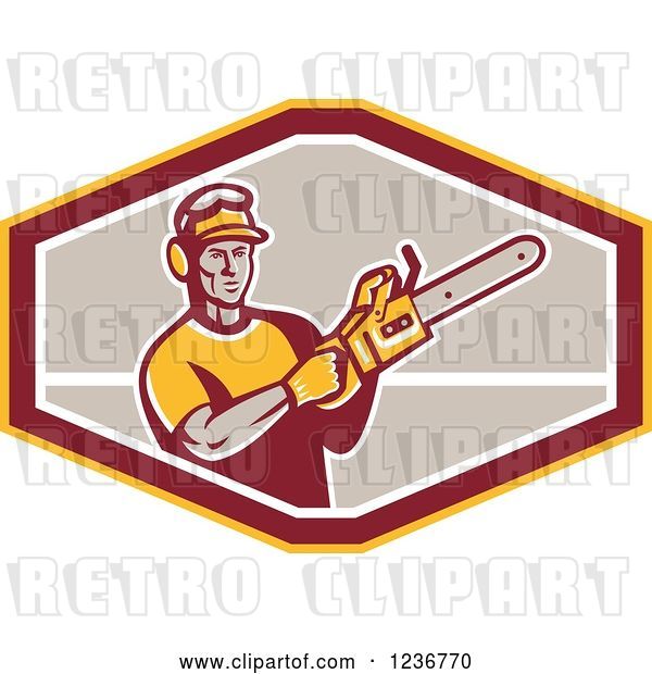 Vector Clip Art of Retro Male Arborist Using a Chain Saw in an Octagon
