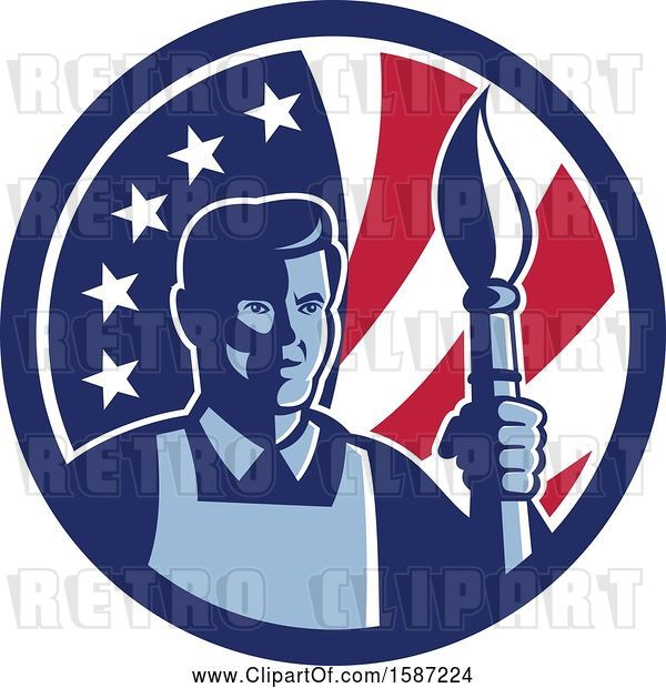 Vector Clip Art of Retro Male Artist with a Paintbrush in an American Flag Circle