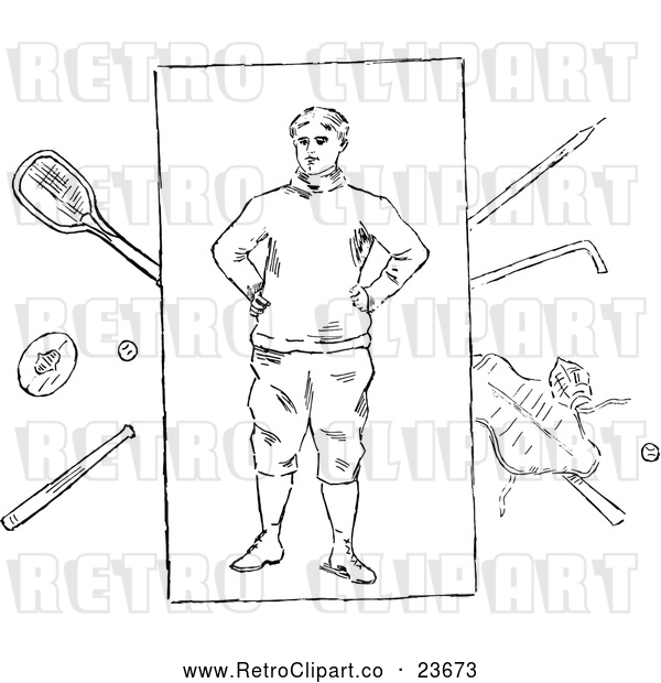 Vector Clip Art of Retro Male Athlete and Equipment