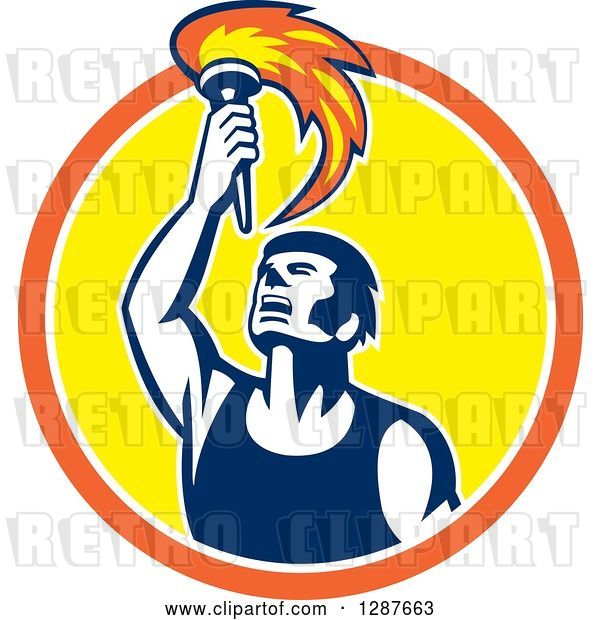 Vector Clip Art of Retro Male Athlete Holding up a Torch in an Orange White and Yellow Circle