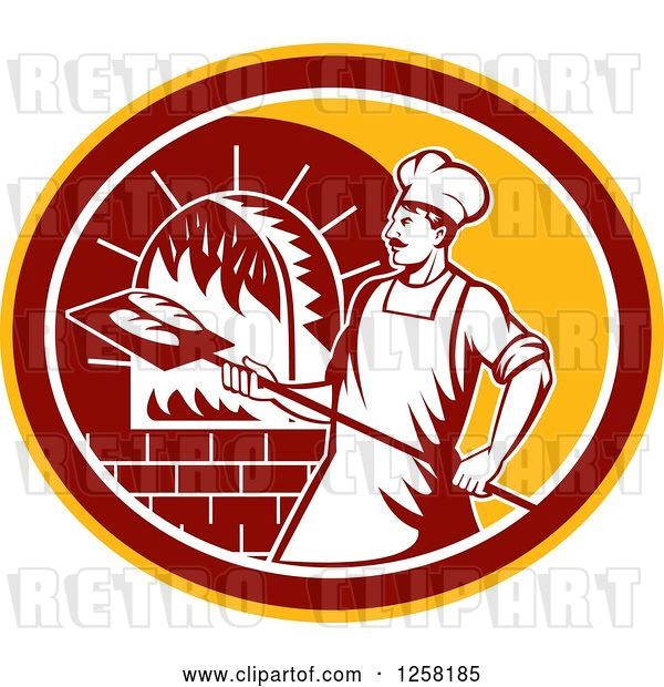 Vector Clip Art of Retro Male Baker Cooking Bread in a Wood Fired Brick Oven in a Yellow Maroon and White Oval