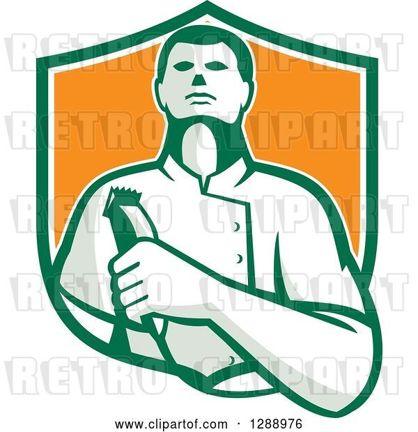Vector Clip Art of Retro Male Barber Holding Clippers in a Green White and Orange Shield