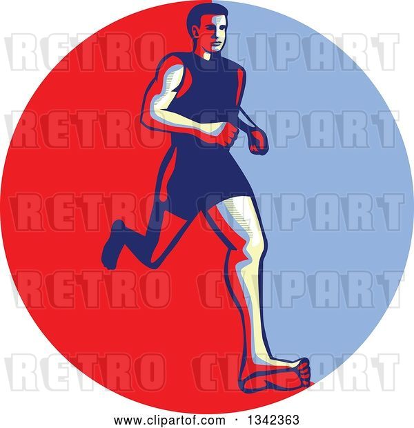 Vector Clip Art of Retro Male Barefoot Runner in a Red Circle