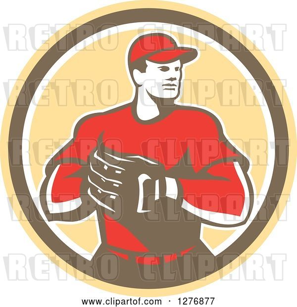 Vector Clip Art of Retro Male Baseball Catcher with His Hand in His Glove in a Yellow Brown and White Circle