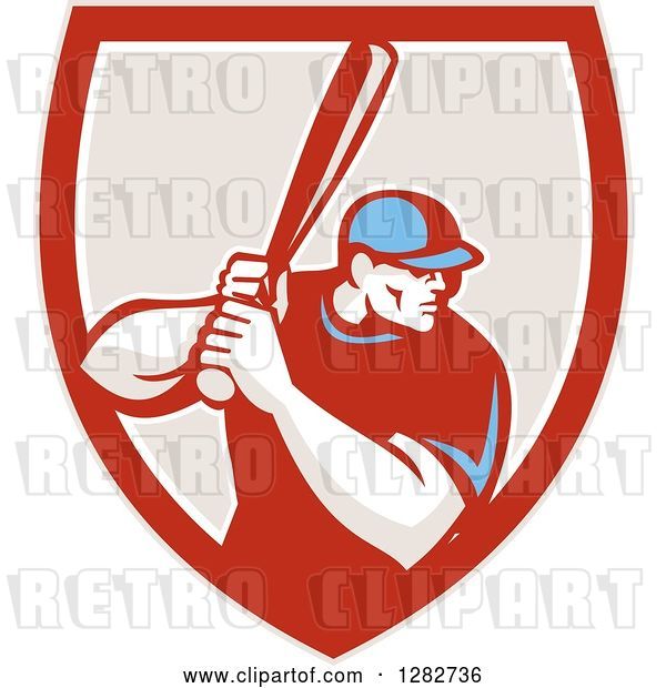 Vector Clip Art of Retro Male Baseball Player Batting Inside a Red White and Taupe Shield