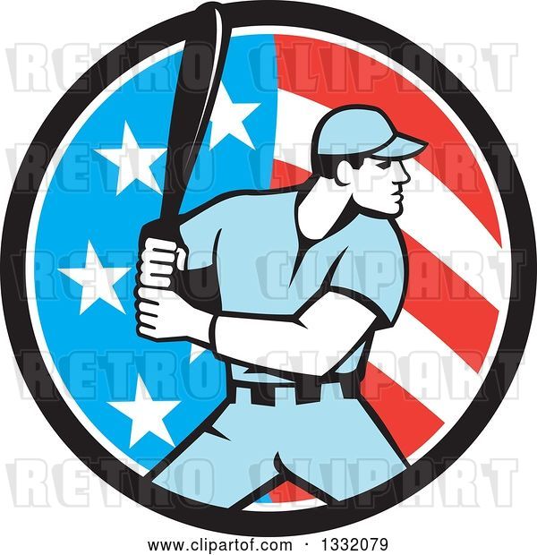 Vector Clip Art of Retro Male Baseball Player Batting Inside an American Stars and Stripes Circle