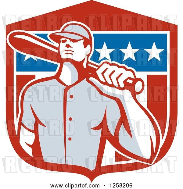 Vector Clip Art of Retro Male Baseball Player with a Bat over an American Flag Shield
