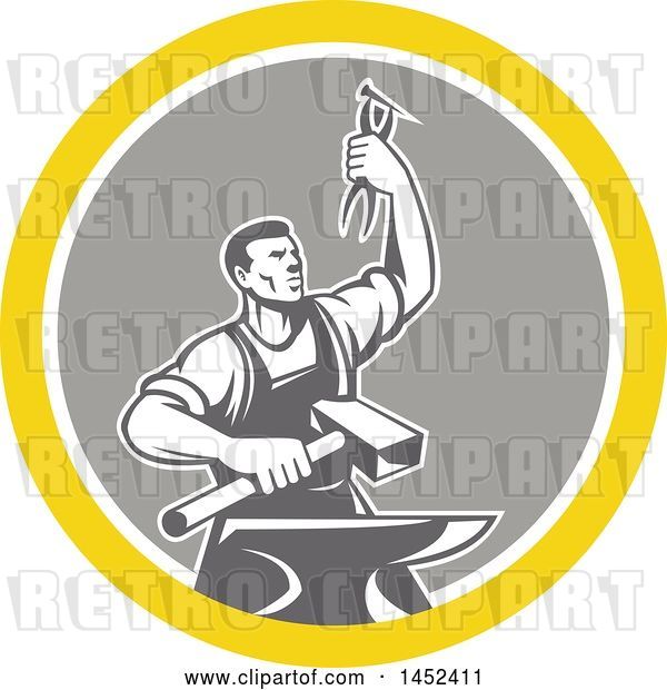 Vector Clip Art of Retro Male Blacksmith Holding up Pliers over a Sledgehammer and Anvil in a Yellow White and Gray Circle