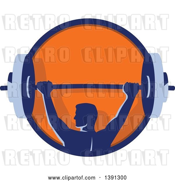 Vector Clip Art of Retro Male Bodybuilder Holding a Heavy Barbell over His Head in a Blue and Orange Circle