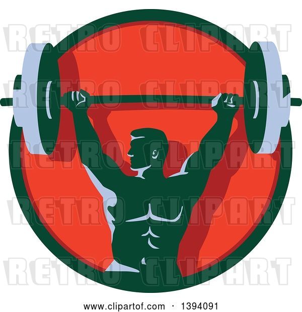 Vector Clip Art of Retro Male Bodybuilder Holding a Heavy Barbell over His Head in a Green and Red Circle