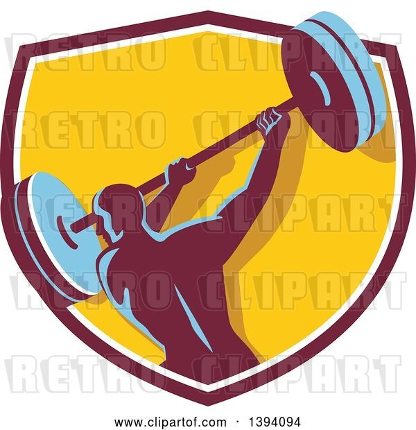 Vector Clip Art of Retro Male Bodybuilder Swinging a Barbell in a Shield