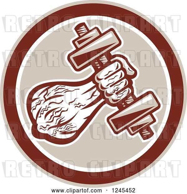 Vector Clip Art of Retro Male Bodybuilder's Arm with a Dumbbell in a Circle