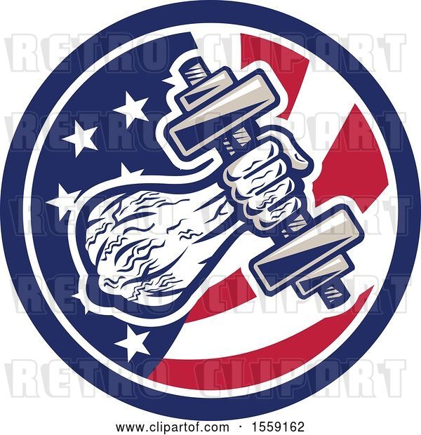 Vector Clip Art of Retro Male Bodybuilder's Arm with a Dumbbell in an American Flag Circle