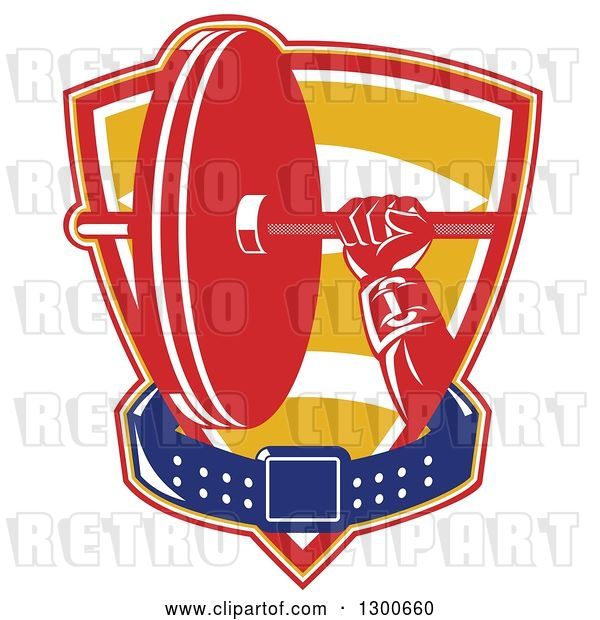 Vector Clip Art of Retro Male Bodybuilder's Hand Holding a Barbell with a Belt in a Shield