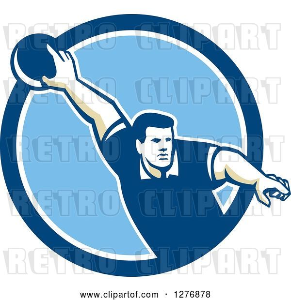 Vector Clip Art of Retro Male Bowler Pointing His Finger and Holding a Ball in a Blue and White Circle