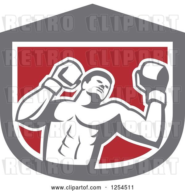 Vector Clip Art of Retro Male Boxer in a Gray White and Red Shield