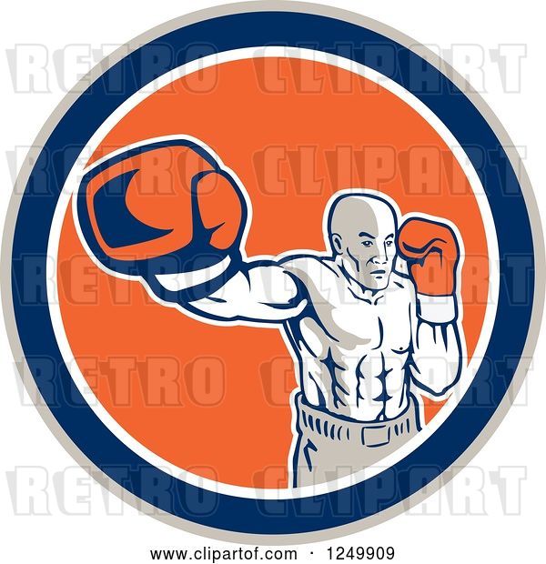 Vector Clip Art of Retro Male Boxer Punching in a Blue and Orange Circle