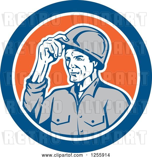 Vector Clip Art of Retro Male Builder Tipping His Hardhat in a Blue and Orange Circle