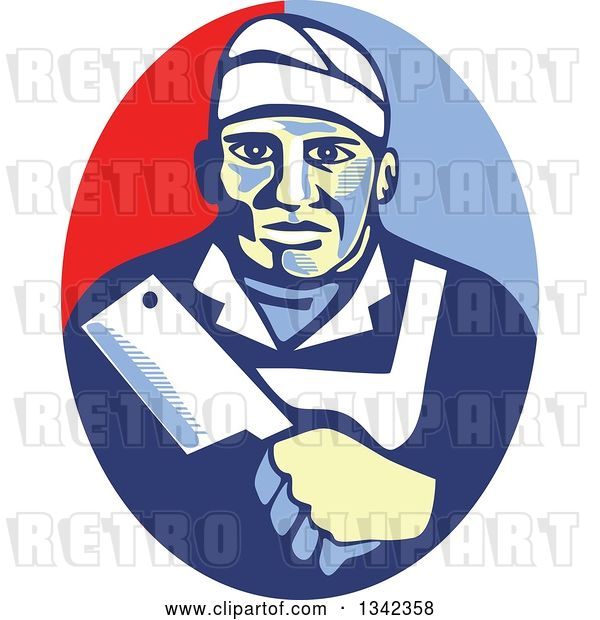 Vector Clip Art of Retro Male Butcher Holding a Meat Cleaver in a Red and Blue Oval