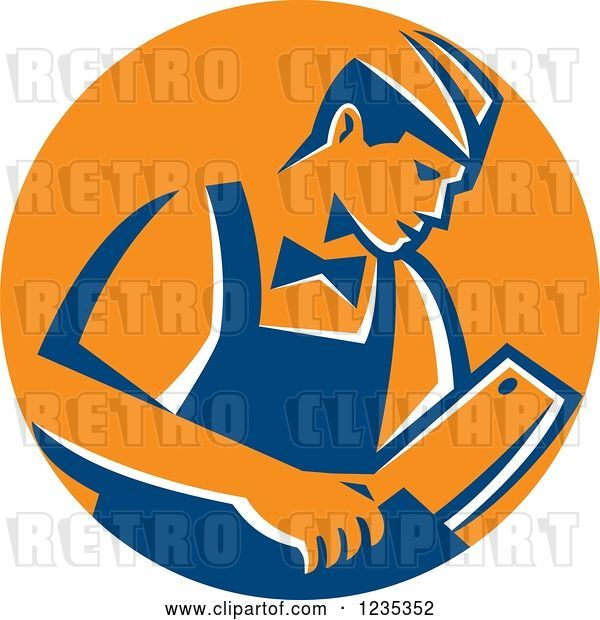 Vector Clip Art of Retro Male Butcher Holding a Meat Cleaver Knife in a Blue and Orange Circle