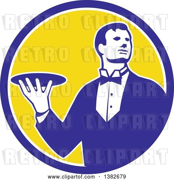 Vector Clip Art of Retro Male Butler Holding a Plate Inside a Blue White and Yellow Circle
