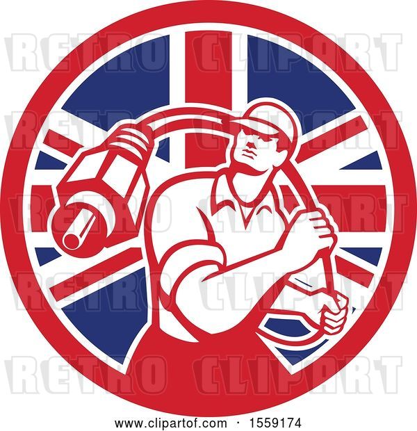 Vector Clip Art of Retro Male Cable Guy with a Coaxial Cable in a British Flag Circle