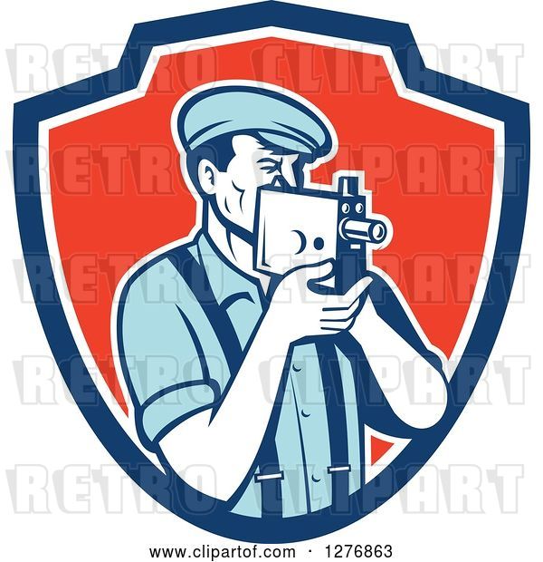 Vector Clip Art of Retro Male Camera Guy Filming in a Blue White and Red Shield