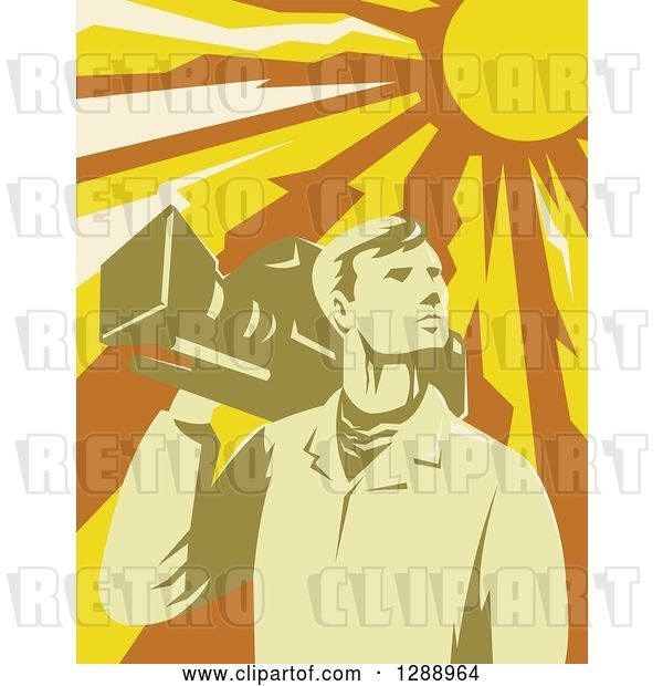Vector Clip Art of Retro Male Cameraman Holding a Camera on His Shoulder Under a Blazing Sun