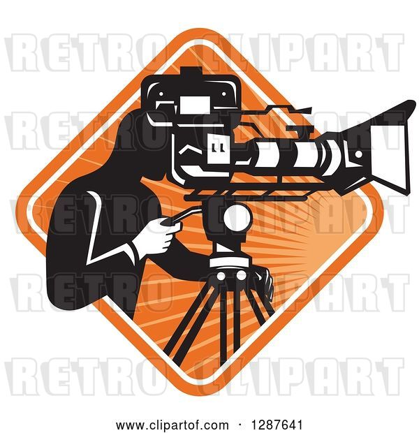 Vector Clip Art of Retro Male Cameraman Working in a White and Orange Sunburst Diamond