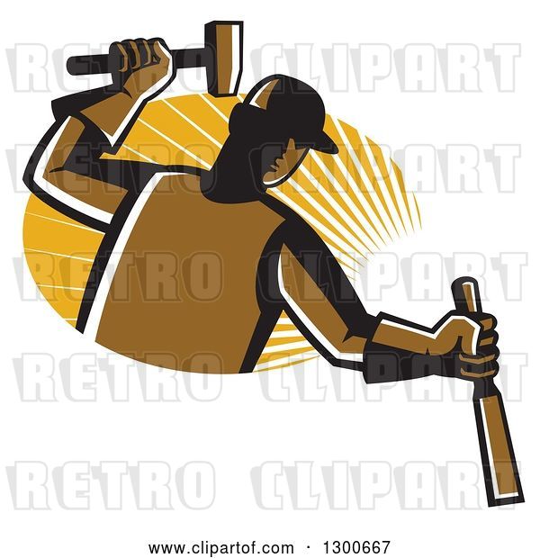Vector Clip Art of Retro Male Carpenter Hammering a Chisel over an Oval of Sunshine