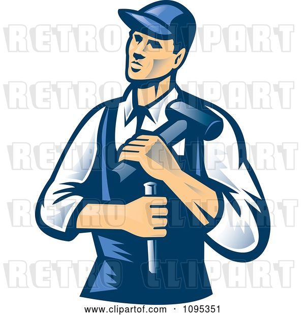 Vector Clip Art of Retro Male Carpenter Holding a Chisel and Hammer