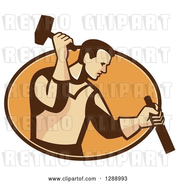 Vector Clip Art of Retro Male Carpenter Holding a Hammer and Chisel in a Brown and Orange Oval