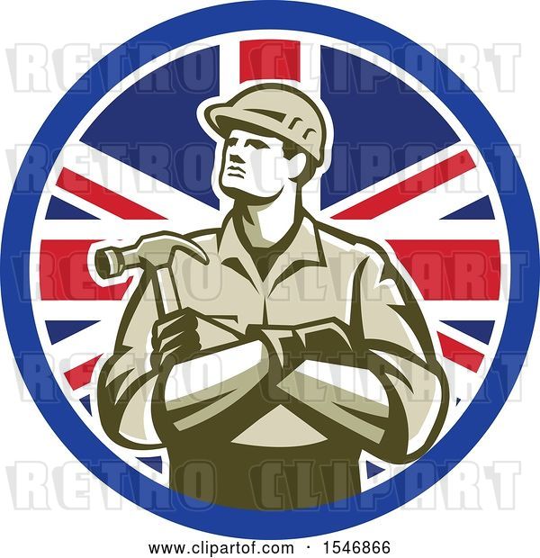 Vector Clip Art of Retro Male Carpenter Holding a Hammer in a Union Jack Flag Circle