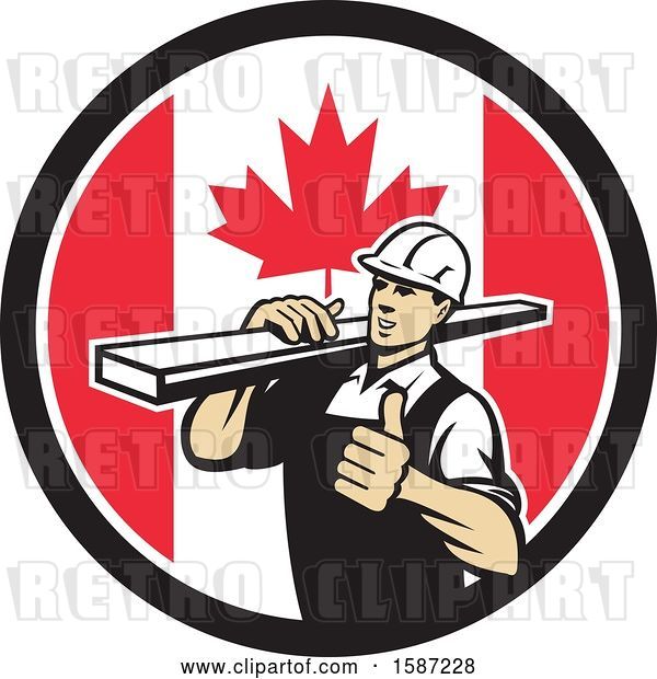 Vector Clip Art of Retro Male Carpenter Holding a Thumb up and Carrying Lumber in a Canadian Flag Circle