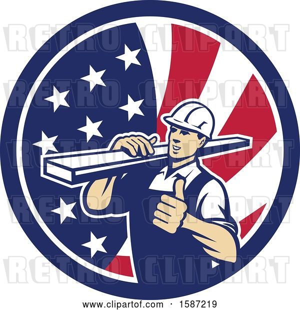 Vector Clip Art of Retro Male Carpenter Holding a Thumb up and Carrying Lumber in an American Flag Circle