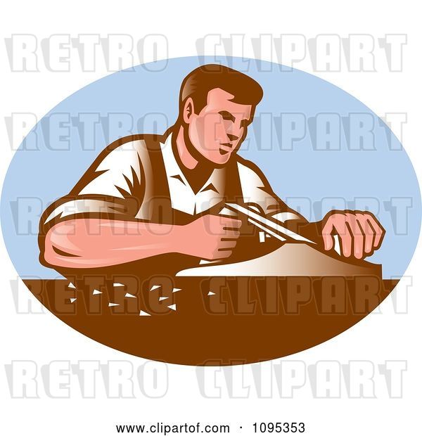 Vector Clip Art of Retro Male Carpenter Working with Smooth Plane over a Blue Oval