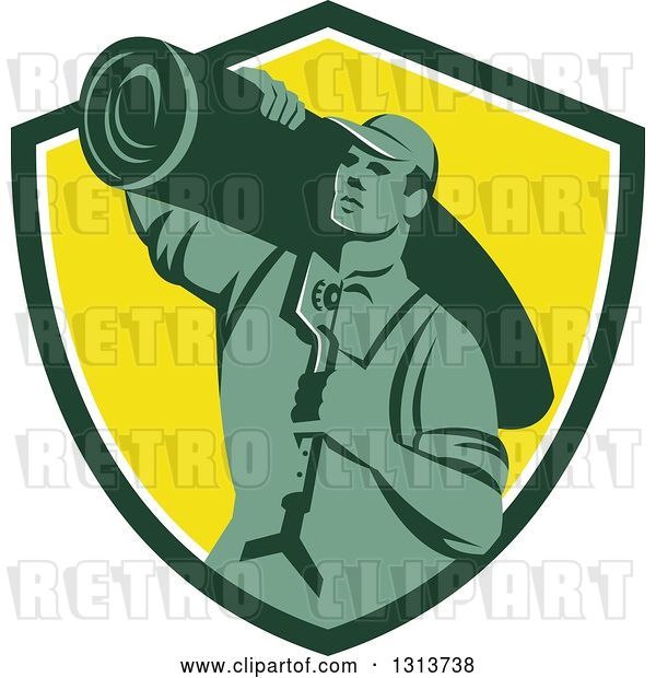 Vector Clip Art of Retro Male Carpet Layer Carrying a Knee Kicker and Roll over His Shoulder, in a Green White and Yellow Shield