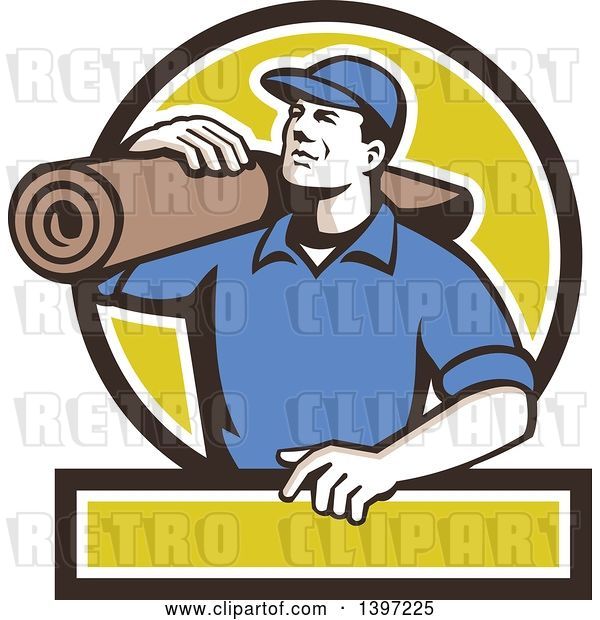 Vector Clip Art of Retro Male Carpet Layer Carrying a Roll in a Black White and Green Frame