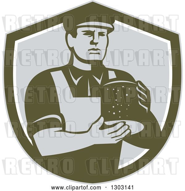 Vector Clip Art of Retro Male Cheesemaker Holding a Parmesan Round in a Dark Green White and Gray Shield